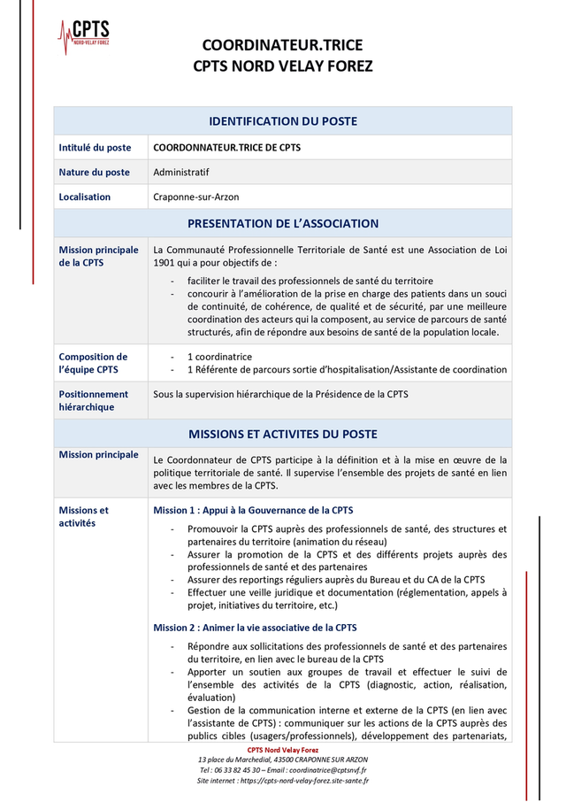 [LA CPTS NORD VELAY FOREZ RECRUTE UN CORDINATEUR H/F&nbsp;💼]