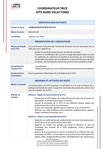 [LA CPTS NORD VELAY FOREZ RECRUTE UN CORDINATEUR H/F 💼]
