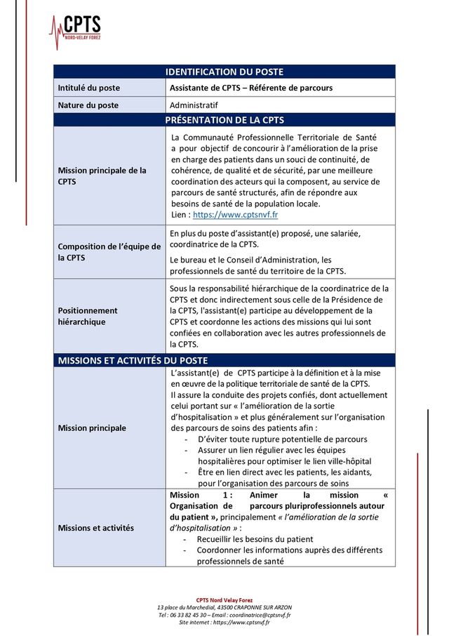 [📢 LA CPTS NORD VELAY FOREZ RECRUTE UN.E&nbsp;ASSISTANT.E. DE COORDINATION / REFERENT.E. DE PARCOURS]
