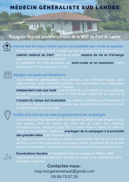 Recherche un médecin généraliste à la MSP de Port de Lanne (Sud Landes)