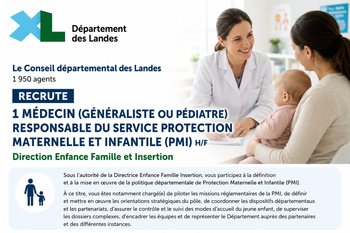 Recherche Médecin (généraliste ou pédiatre) responsable du service Protection Maternelle et Infantile (PMI) H/F Temps complet ou partiel