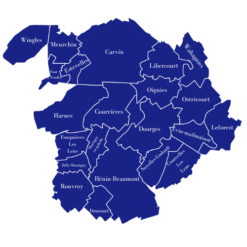 Billy-Montigny, Carvin, Courcelles-lès-Lens, Courrières, Dourges, Drocourt, Estevelles, Evin-Malmaison, Fouquières-lès-Lens, Harnes, Hénin-Beaumont, Leforest, Libercourt, Meurchin, Montigny-en-Gohelle, Noyelles-Godault, Oignies, Ostricourt, Pont-à-Vendin, Rouvroy, Wahagnies et Wingles